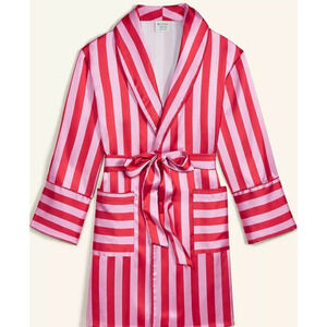 Macy’s Flower Show Striped Satin Robe Pink & Red Shawl Collar Wrap Medium